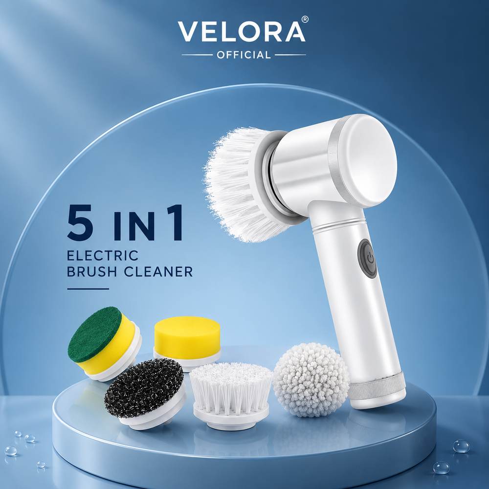 Electric cleaning brush with five interchangeable heads on a display stand