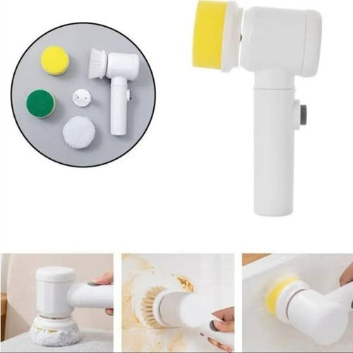 Electric brush handle shown with its brush heads
