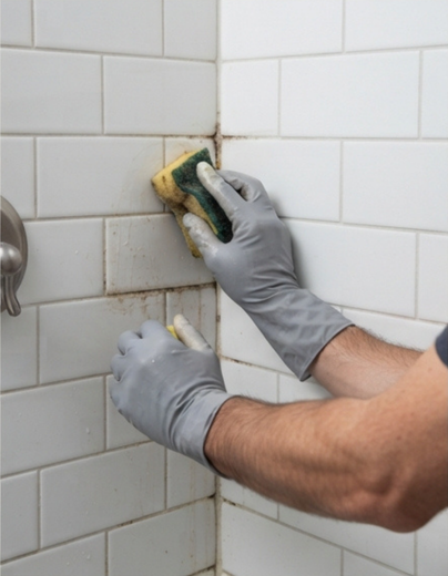 Scrubbing tile grout by hand